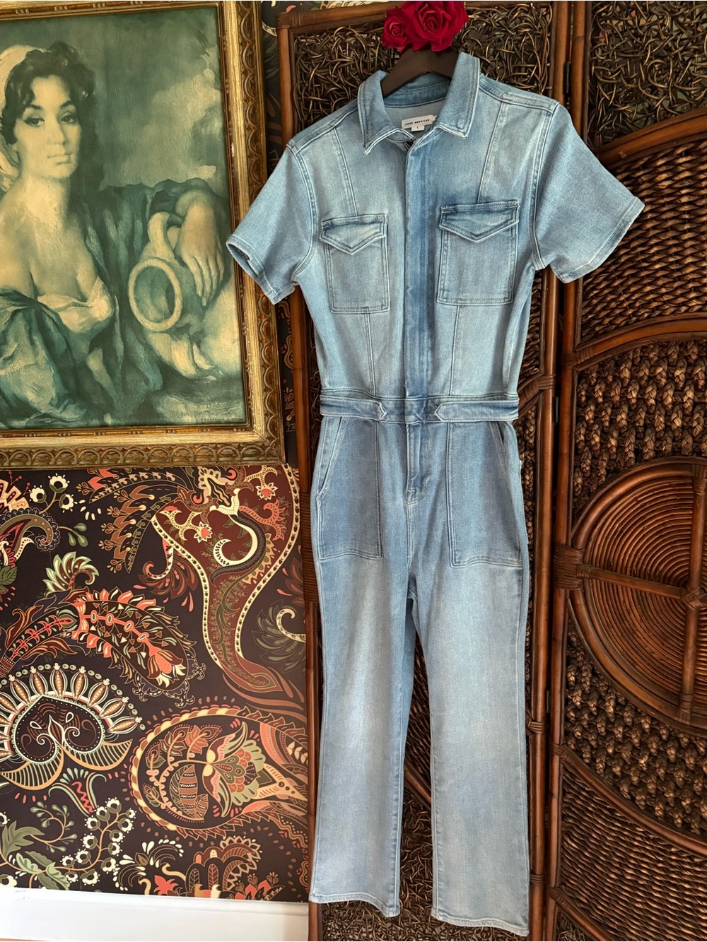 Good American Denim Utility Jumpsuit Light Wash Stretch Boiler Suit L Petite
